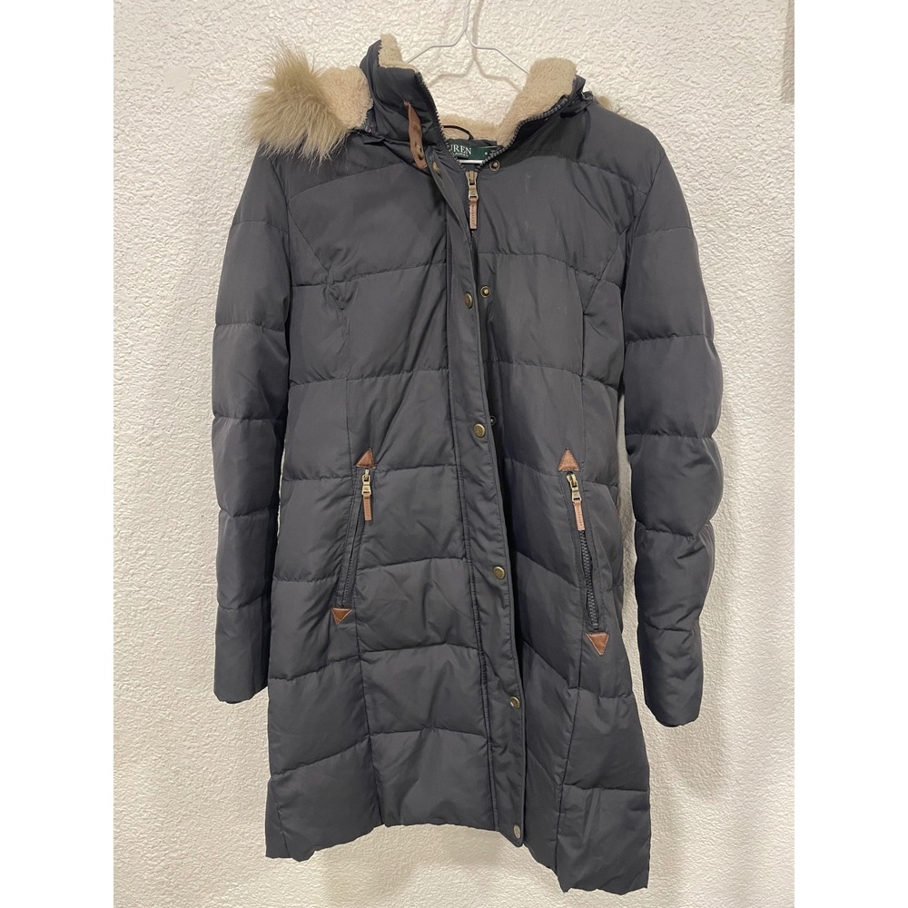 LAUREN RALPH LAUREN Women's Black Down Filled Faux Fur Hooded Parka Coat Size M